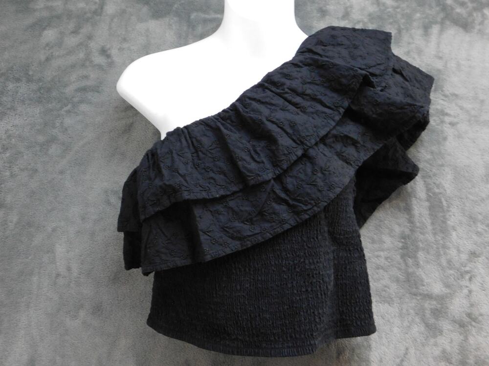 Abercrombie & Fitch One Shoulder Top Womens L Black Ruffle Embroidered Cotton